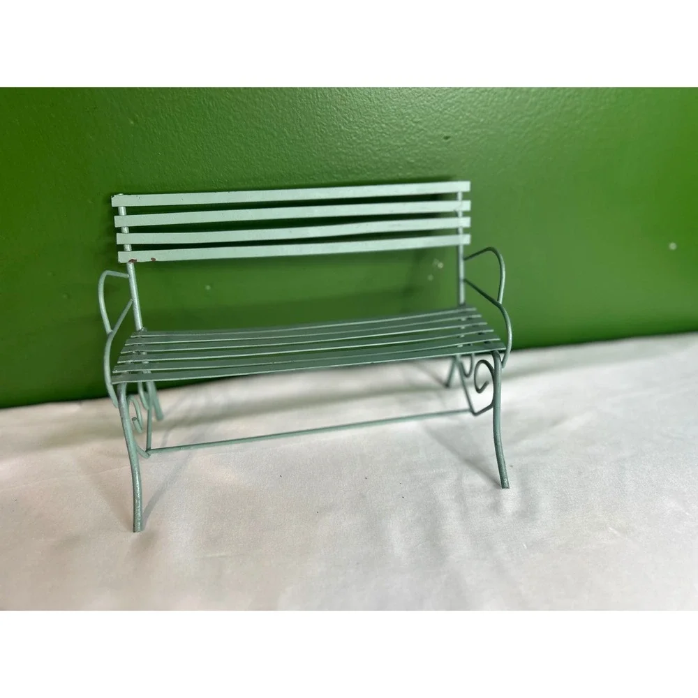 Vintage Miniature Metal Garden Bench Light Green Dollhouse Fairy Garden Decor